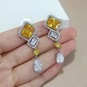 💛 Unique Geometric Canary yellow and white Cz Diamond drop dangle earrings